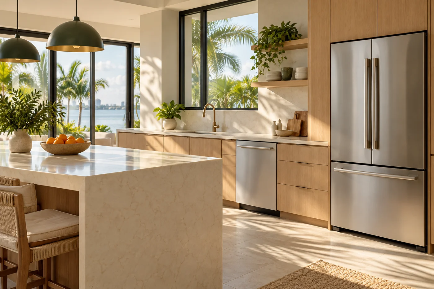 Sunlit kitchen with a stainless steel refrigerator and built-in dishwasher